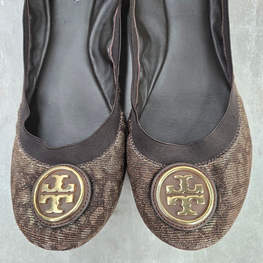 Tory Burch Ballet Flats Size 8 Animal Print Metallic Dressy Logo Ballerina Shoes - Picture 3 of 11